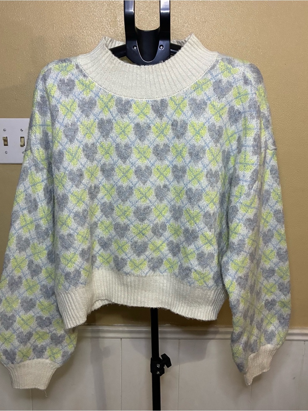 American Eagle Outfitters Cream, Gray & Lime Argyle Turtleneck Sweater